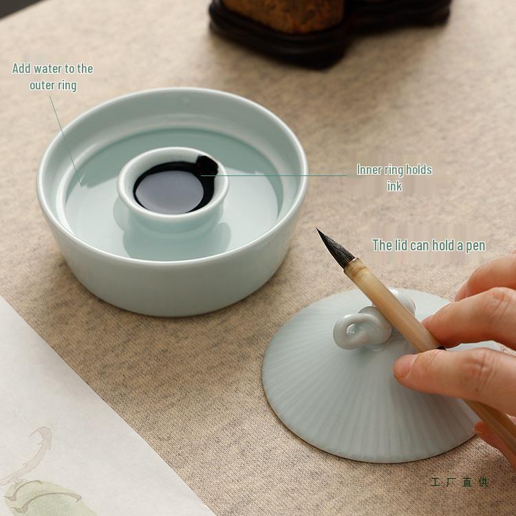 Bamboo Hat Porcelain Inkstone with Lid - Anti-Dry Ink Storage for Calligraphy Supplies and Study Decor