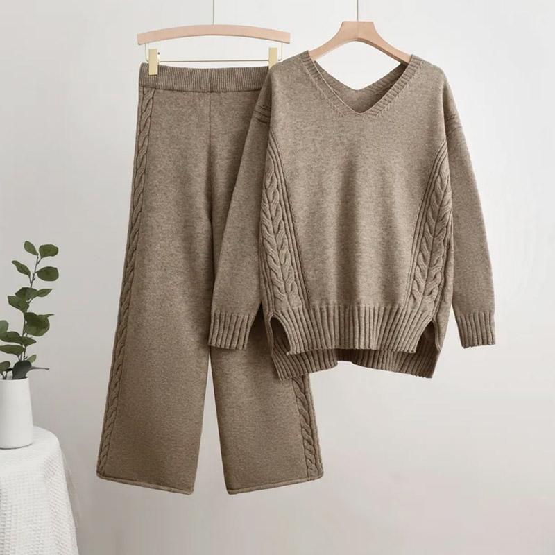 

Women Suits Sets CottonV-neck Knit Sweater Solid-Color Pants Thickened Sweater Top Longs Pants Two-piece Oversize 2PC Suit S