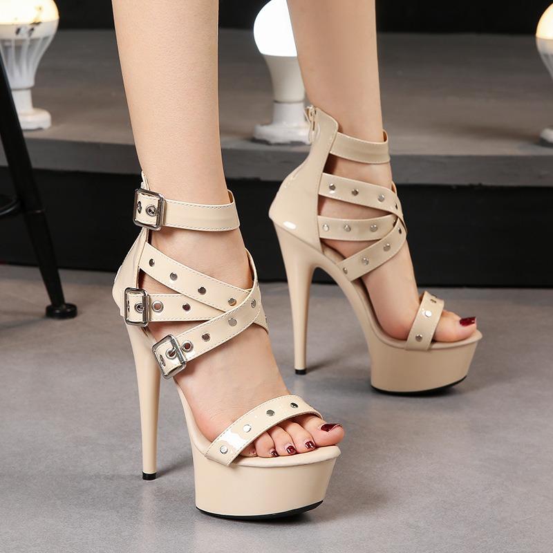 Fashion Black Hollow Out Heel Nightclub Stage Sandals Rivet Belt Zip Summer Roman Women Shoes 15CM Model Sexy Wedding High Heels