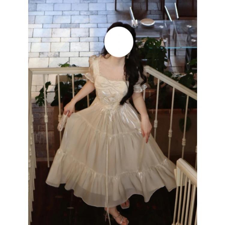 Elegant Dresses for Women Short Sleeve French Style Party Dress Slim Casual Solid Bow Square Collar New Spring Summer Dress