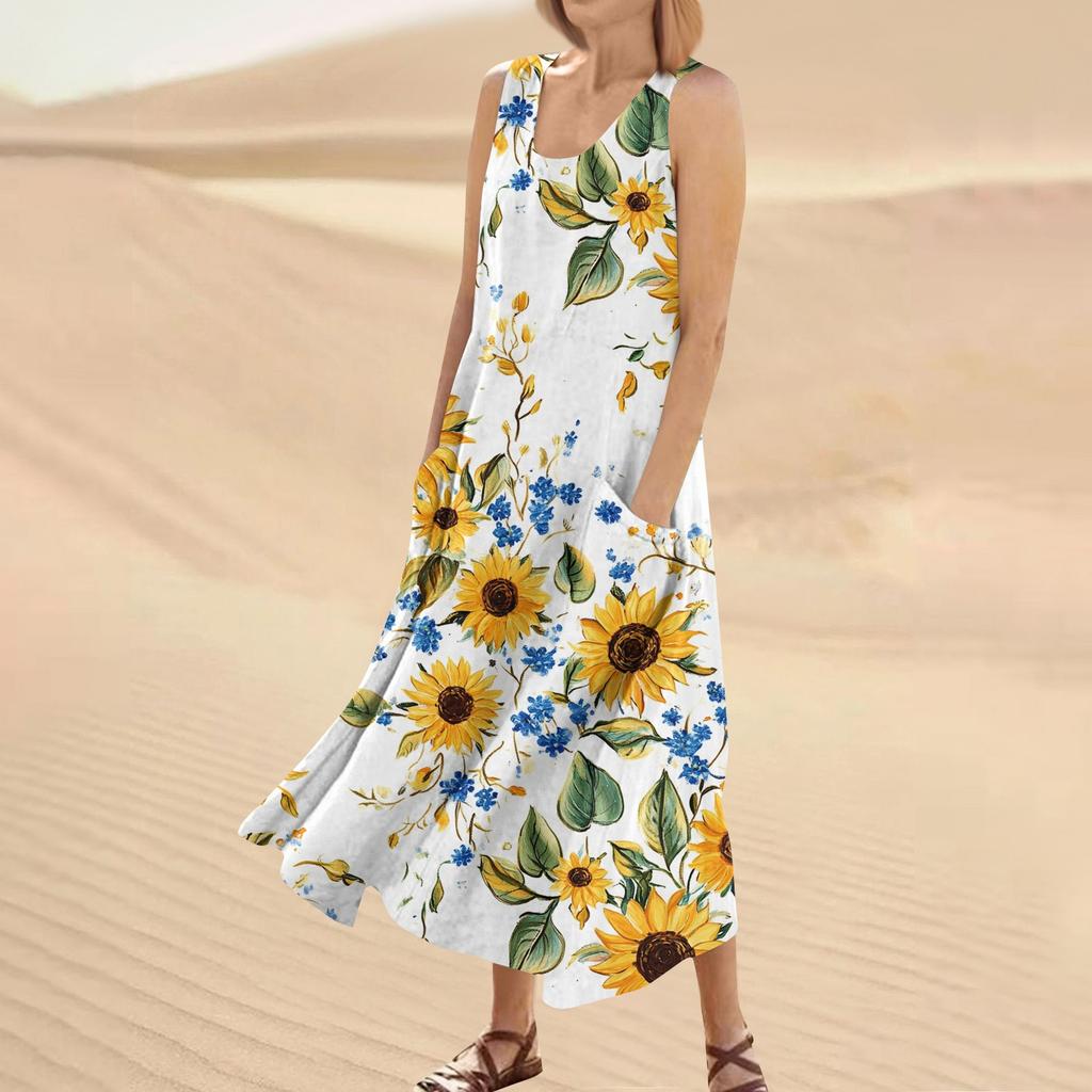 Robe d'été décontractée pour femmes, imprimé floral, sans manches, col rond, poches