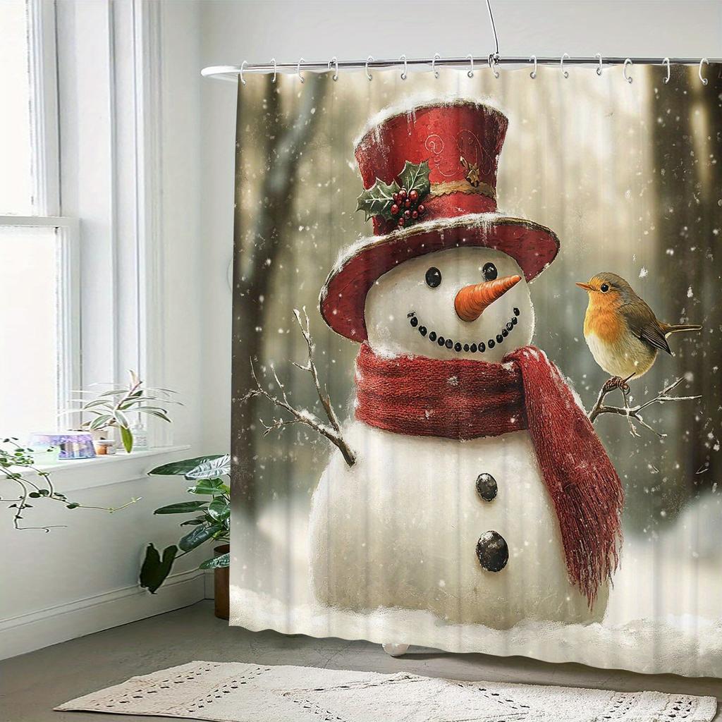 Water-Resistant Snowman and Bird Themed Shower Curtain with 12 Hooks, Machine Washable Non-Woven Graphic Art Bath Decor