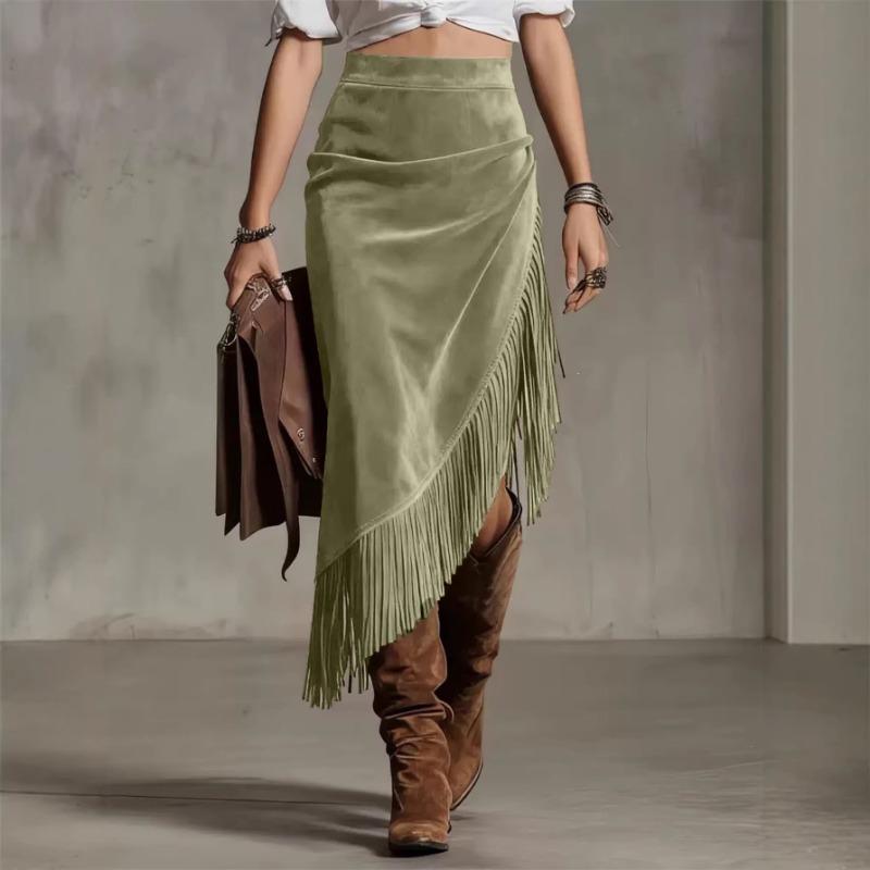 Vintage Western Style Irregular Design Solid Color Midi Skirt