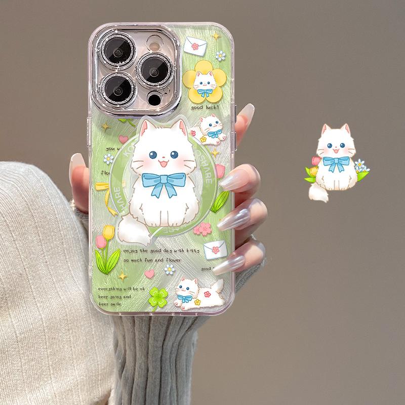 Cute Cats Suitable for IPhone16 IPhone Case 15promax Feather Magnetic Yarn Bracket 14 High-end Sense 13