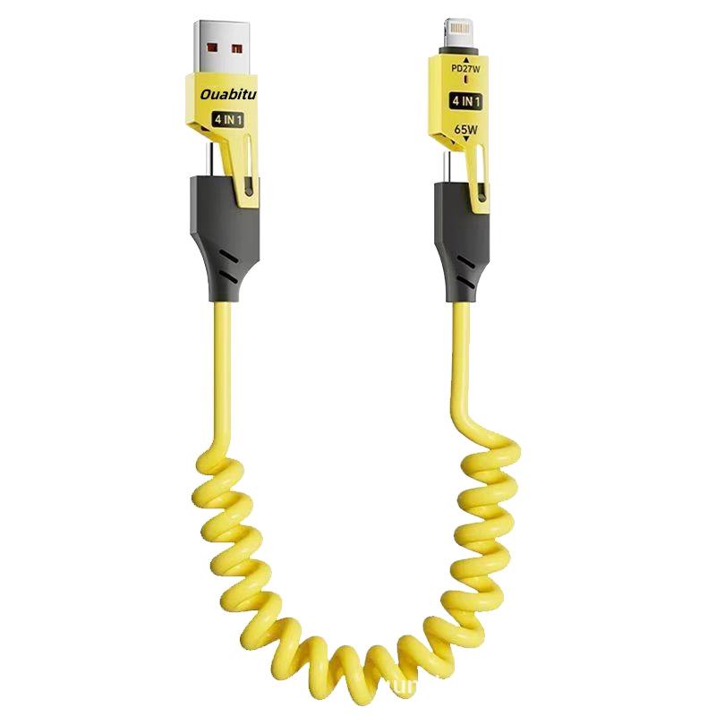 65W Retractable 4-in-1 Spring Data Cable for Apple, Huawei, Type-C Fast Charging