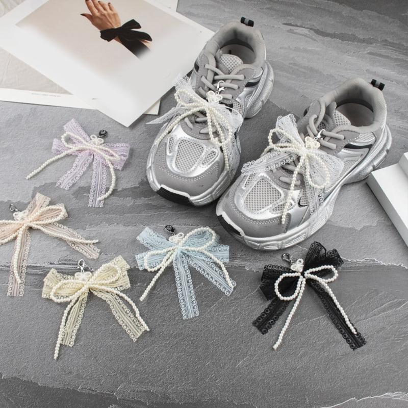 ABS Pearls and Lace Bowknot Detachable Shoe Ornament Women Shoelaces Charm Sophisticated Detachable Footwear Ornament