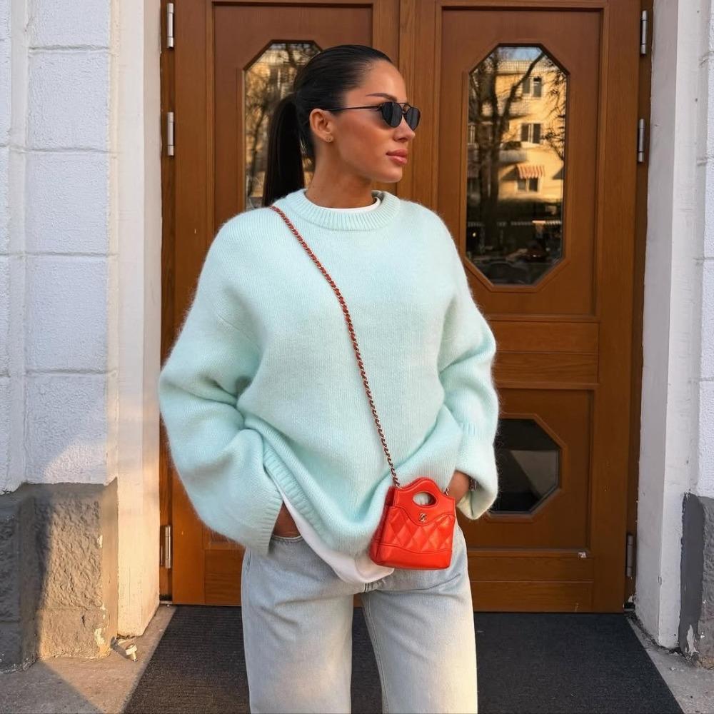 Fauler Stil Rundhals Faux Nerz Pullover Damen Frühling Herbst Locker Gestricktes Oberteil Premium Langarm Pullover