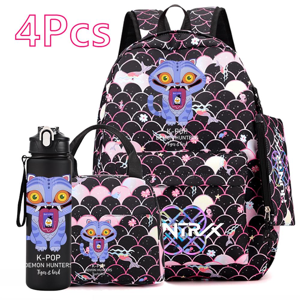 4Pcs/set Anime Cute Printed Backpack Large Capacity Bookbag HandBag Case Bag with 750ml Water Bottler Boy Girl SchoolBag Waterproof Mochila