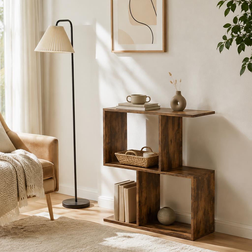 S-Shaped Side Table, Narrow 3-Tier Table with Storage Compartments for Living Room and Bedroom, Rustic Brown