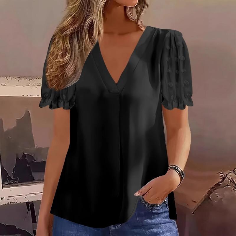 

Summer Wool Ball Splicing Chiffon Elegant Shirt Solid Color Short Sleeved V-neck Loose Top XXL чорний