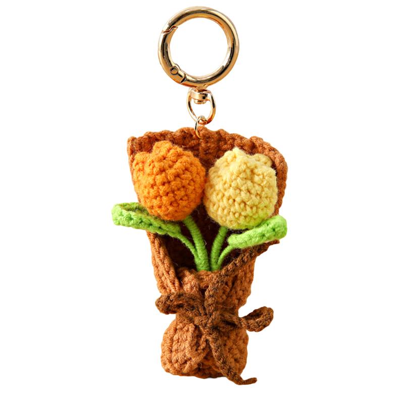Crocheted Bouquet Bag Pendant Handmade Key Rings Holders Gift Accessories Simulated Tulip Ornament Keychain Decorative 5 Colors