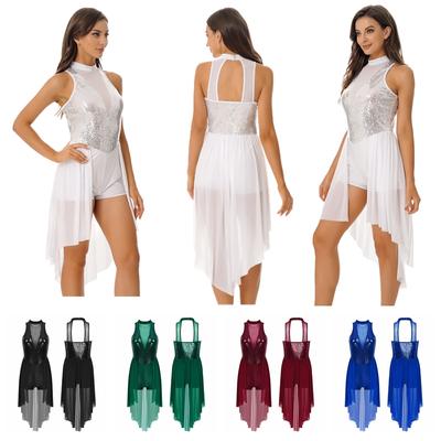Women Sparkly Sequin Dress Lyrical Dance Costume Mock Neck Sleeveless Mesh Skirted Leotard Dancewear