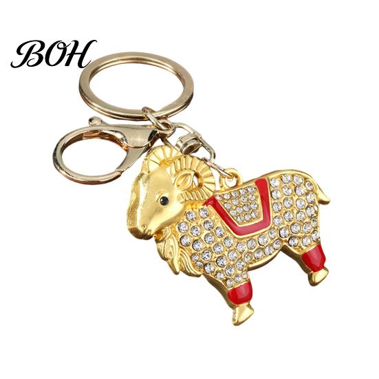 Wear-resistant Keyring Zodiac Keychain with Rhinestones, Sheep Design Bag Pendant, Chinese New Year Lucky Rhinestones Inlaid Key Charm, Feng