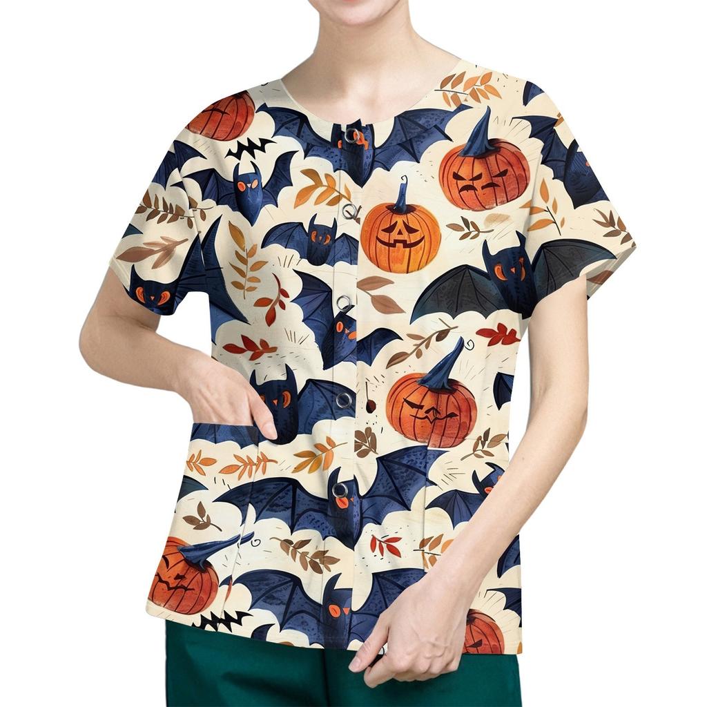 Women's Short Sleeved Patterned Pockets, Work Print Stand Up Collar, Single Breasted Protective Clothing, Cardigan Jacket, Top