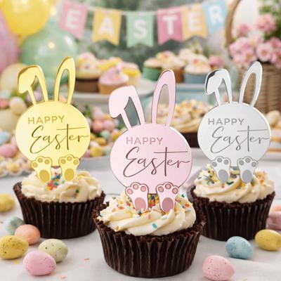 6pcs Festive Cartoon Rabbit Cake Toppers Happy Easter Mirror Finish Cupcake Decor Toppers Acrylic Dessert Decorations Gift Tags