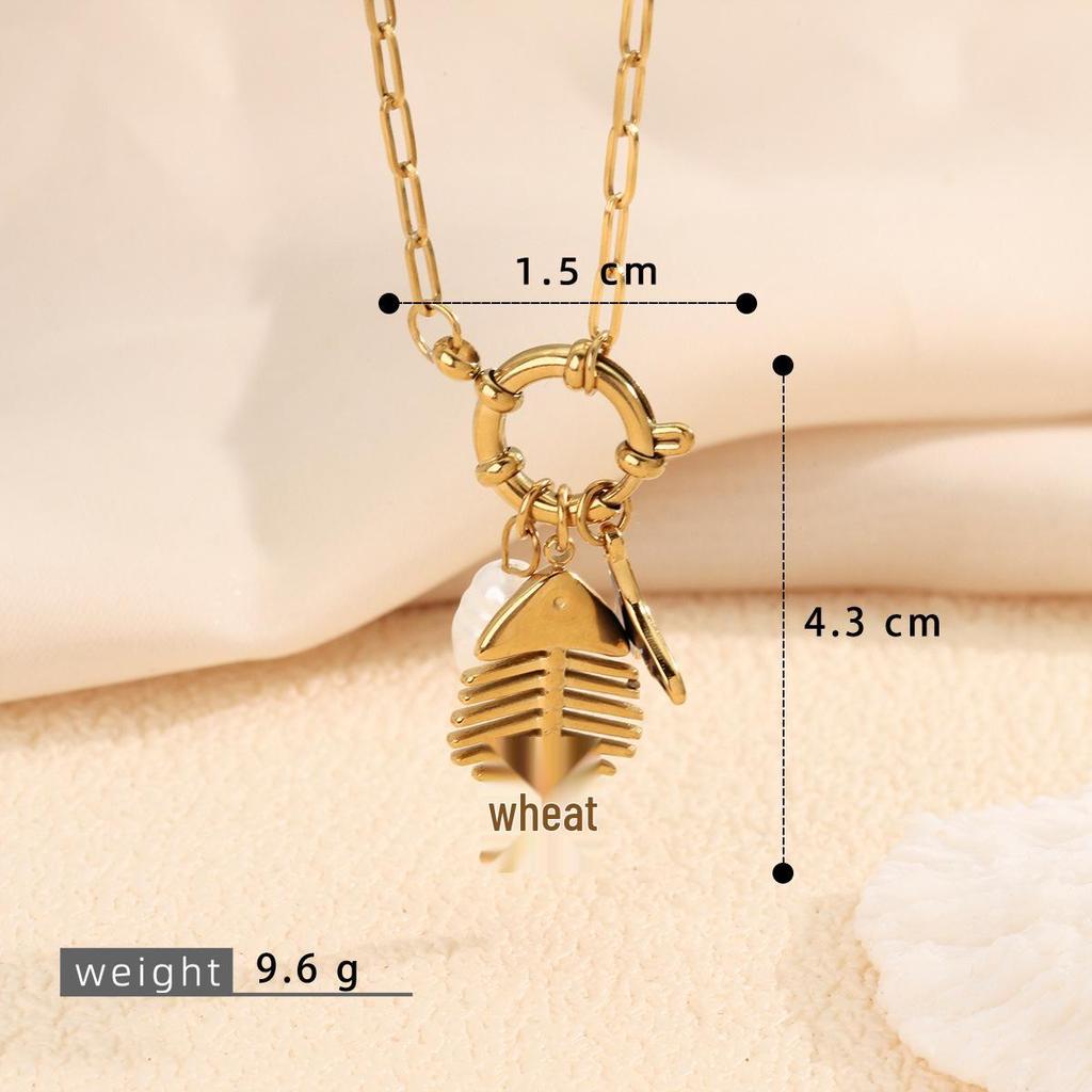 18K Gold Ocean-Style Detachable Pendant Necklace: Turtle, Anchor & Fishbone Design