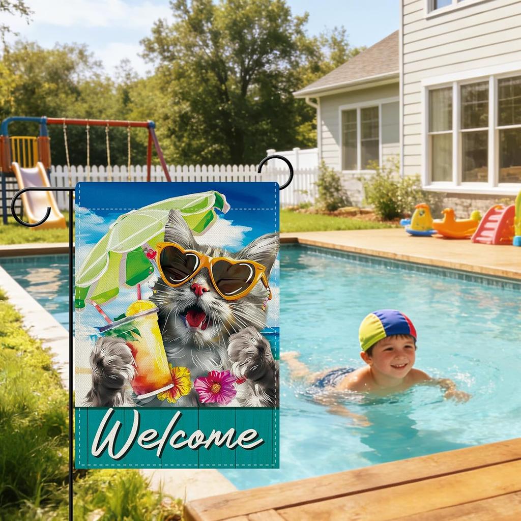 Dyrenson Welcome Summer Beach Cat Decorative Garden Flag, Coastal Sunshade Yard Outside Home Decoration Pet Owner Lover Gift