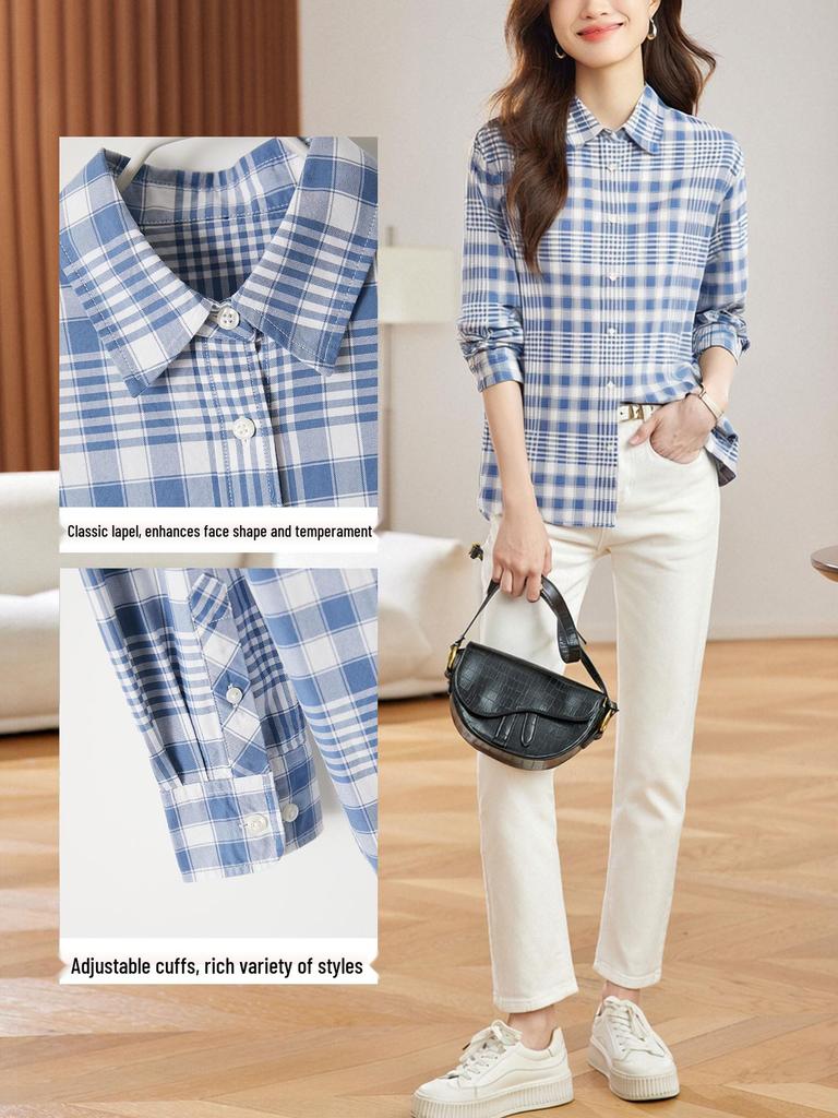 Women's Long Sleeve Plaid Shirt - Blue Cotton Cocoon, Mid-Length, 2026 Spring/Autumn Collection