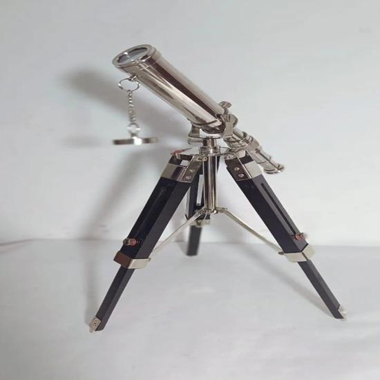 Handmade Brass Spyglass Telescope Chrome Finish, 35.56 Cm Wooden Tripod Perfect for Desk, Shelf, Office, Study, or Library Decor