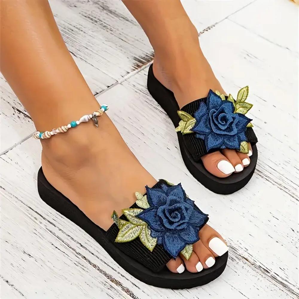 Ciabatte Eleganti da Donna con Plateau Floreale e Rose, Sandali da Spiaggia Slip-On Estivi a Punta Tonda con Cinturino alla Caviglia, Scarpe Zeppa Comode con Suola Antiscivolo in EVA