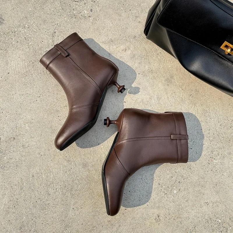 Fashion New Cowhide 5cm Irregular Low Heel Black Brown Short Boots Autumn Winter Fashion Short Plush Warm Ankle Women's Boots Size 40