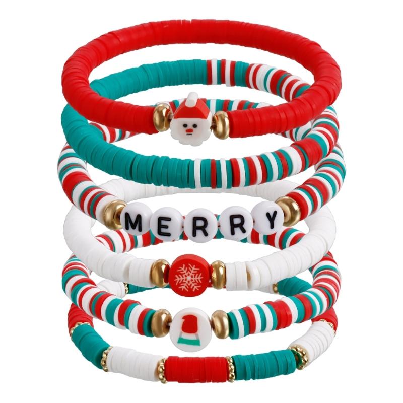 

Christmas Beaded Bangle Festive Bohemian Colorful Bracelets 6/7Pcs Soft Clay Elastic Beaded Hand Chains Jewelry for Girl 1