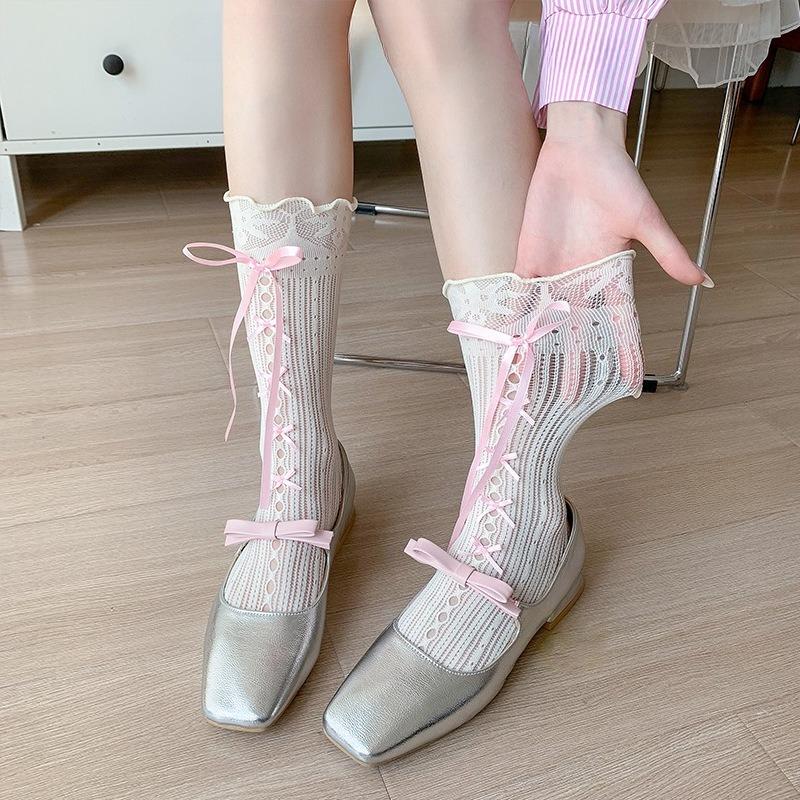 Sweet Bow Ribbon Lace Calf Socks Lolita Strappy Mid-tube Socks Soft Breathable Hollow Japanese Style Jk Socks