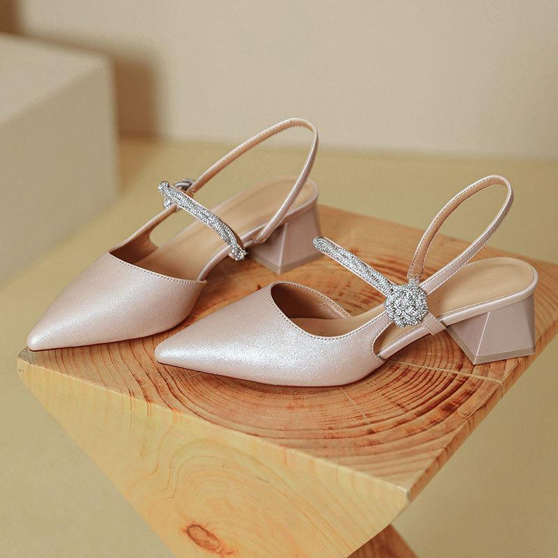 Baotou sandals women's 2025 new summer French Mary Jane shoes thick heel silver word with pointed high heels
