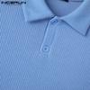 INCERUN Men Lapel Neck Solid Color Stitching Texture Casual T-shirt Tops