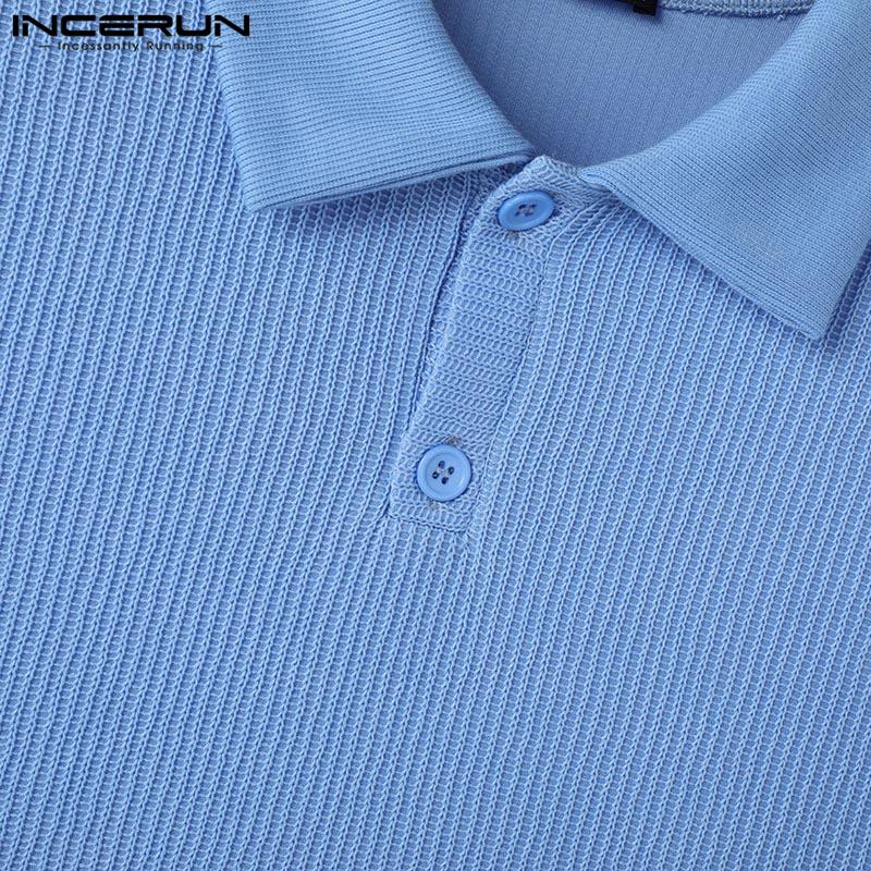 INCERUN Men Lapel Neck Solid Color Stitching Texture Casual T-shirt Tops