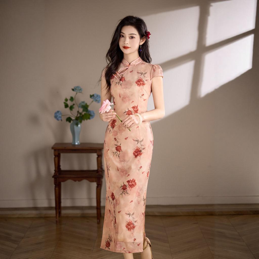 New Chinese-style improved cheongsam women's 1011 spring new pink flower slim-fit long daily wear retro dress