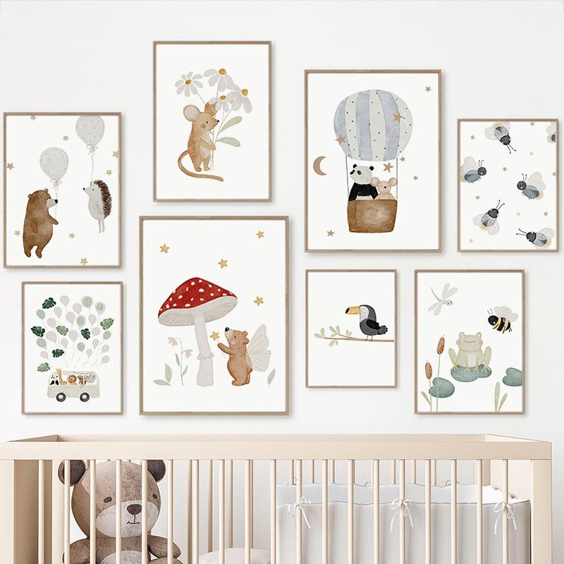 Boho Cartoon Bear Hedgehog Mouse Balloon Leaf Posters Art Prints Canvas Painting Wall Picture For Baby Kids Room Home Decoration