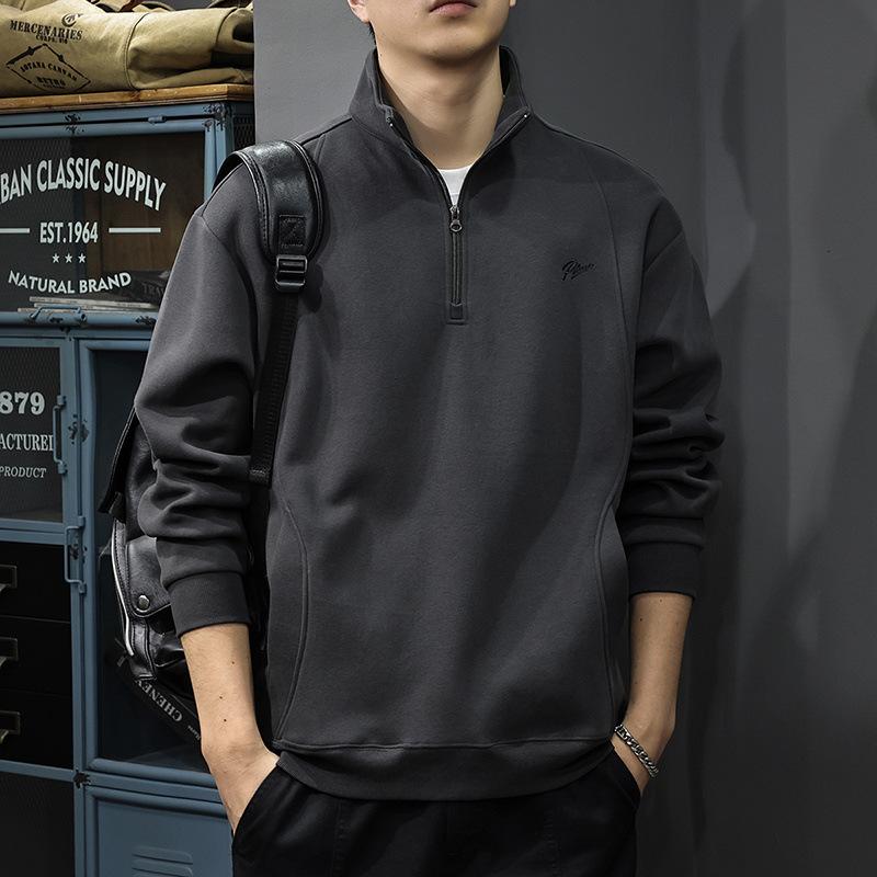 Autumn Winter Brushed Embroidered Men's Sweatshirt American Retro Half Zipper Stand Collar POLO Shirt Loose Pullover