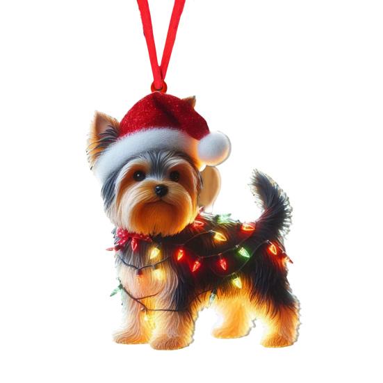 Christmas Ornament Flat 2D Acrylic Lion Wearing Santa Hat Charm Christmas Hanging Ornament with Rope