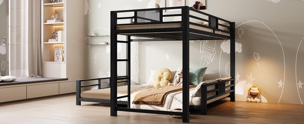 L-förmiges Metall-Etagenbett 90x200 über 140x200, Schwarz
