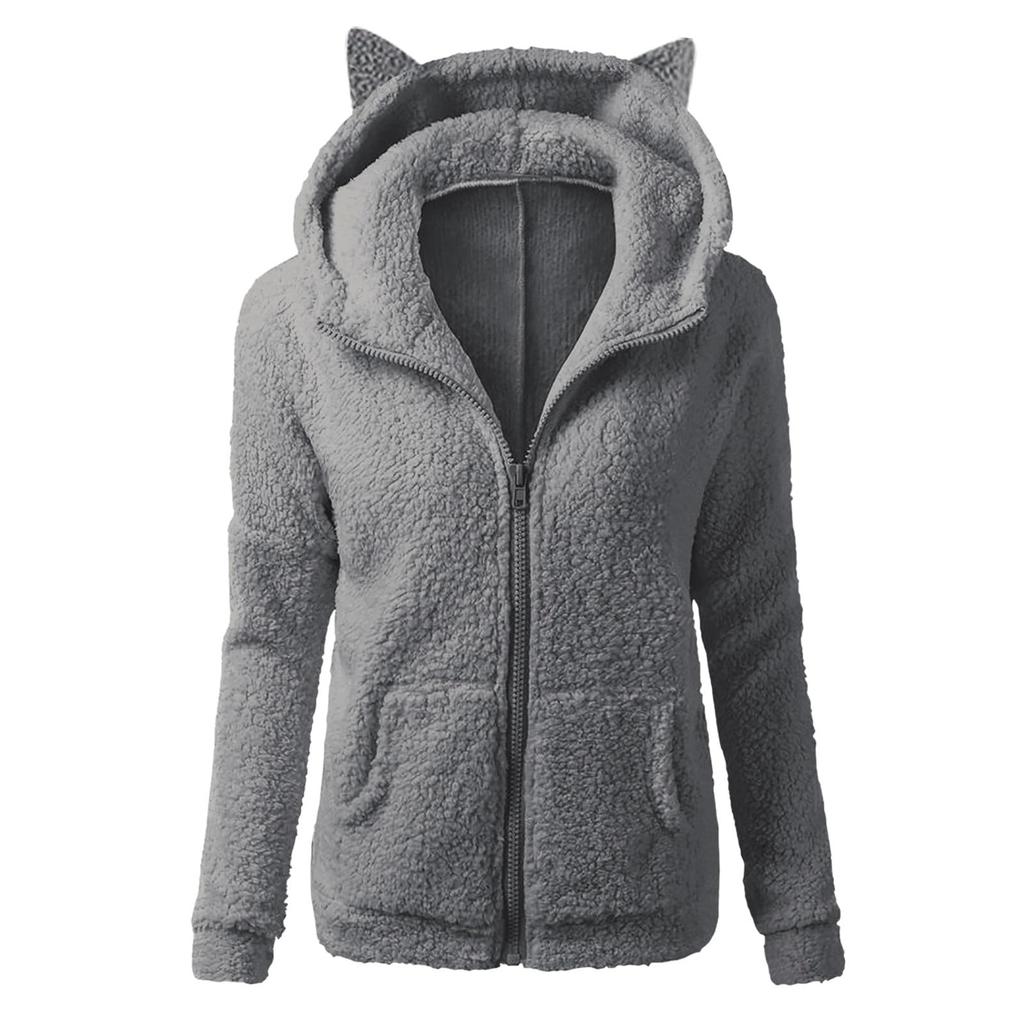 Women's Fashion Solid Color Sweatshirt Loose Hooded Fleece Zipper Jacket Top