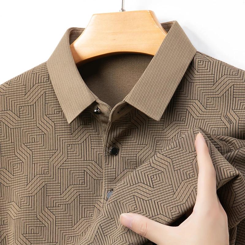 Nová pánská business casual košile s dlouhým rukávem s odznakem, jednobarevné polo tričko, módní, prodyšný, pohodlný, všestranný top