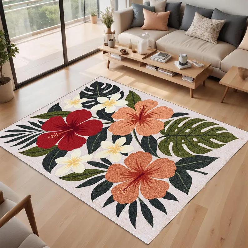 Tapete de Flores Laranja Vermelho Tapete Tropical Tapete Floral Hibisco Decoração de Pátio Varanda Jardim Tapete Estampa Folha Verde Tapete de Chão Exterior