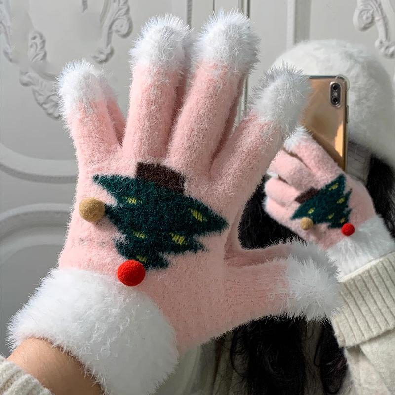 1 Par Handskar Varma Med Blottade Fingrar Cykel Julgran Söta Pekskärm Studenter Fluffiga Utomhus Snöflinga Vinter Kvinnor