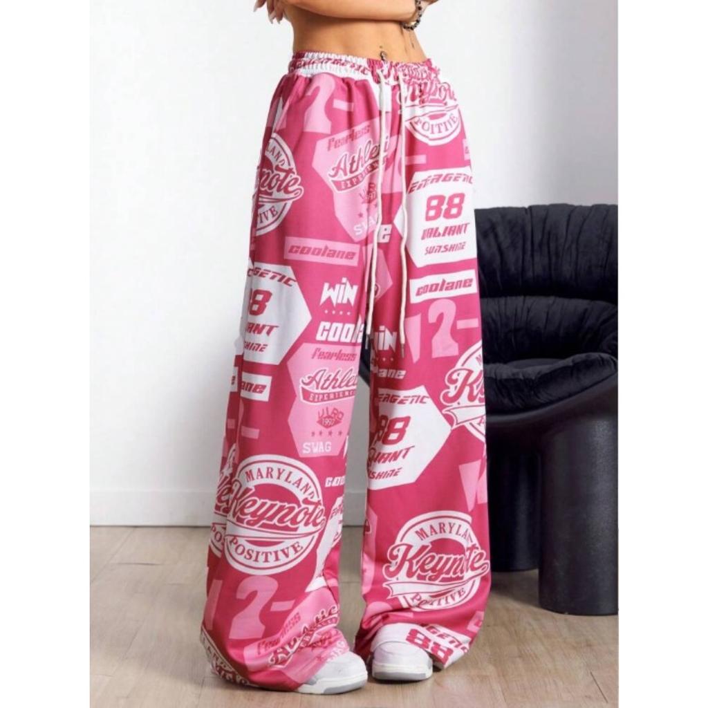 Pantaloni Larghi da Donna a Vita Media con Coulisse, Stampa Graffiti Hip Hop, Pantaloni Casual Larghi con Tasche Laterali