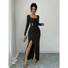 Spring New U-neck Solid Color Slim Knitted Long-sleeved Slit Dress