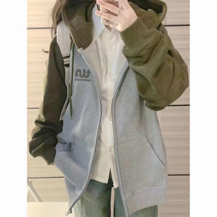 

Women s Apricot Gray Patchwork Raglan Hooded Sweatshirt Jacket, Velvet-Lined, Zipper Cardigan, Autumn Winter Collection. Medium зелёный