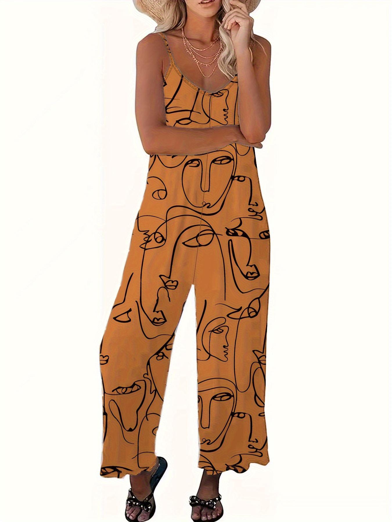 2025 EU/US Summer Women s Plus Size Digital Print Strappy Jumpsuit with Patch Pockets 3XL оранжевый