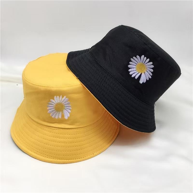 Bucket hat double-sided embroidered logo spring and summer Korean version tide shading big brim sun hat female Japanese smile washbasin hat
