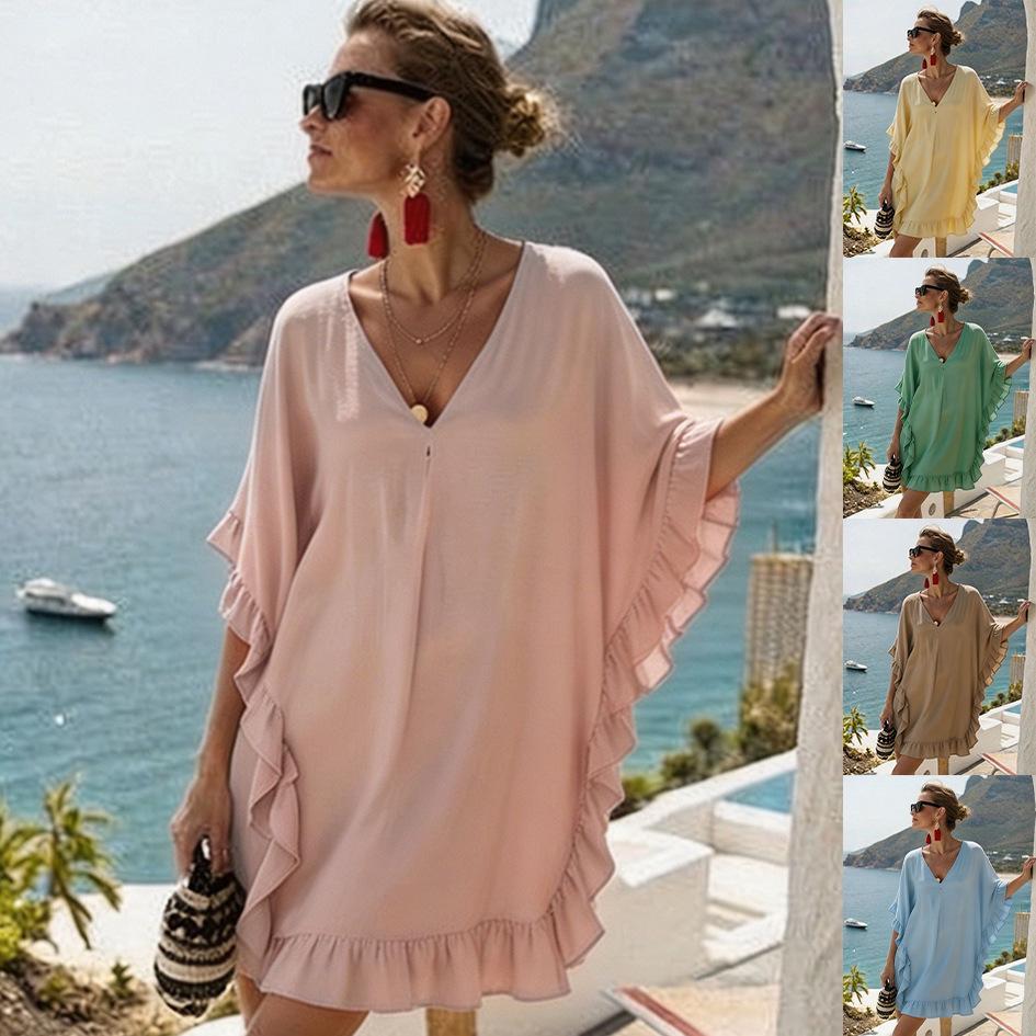 eBay new European and American fashion ruffle edge v-neck splicing beach dress