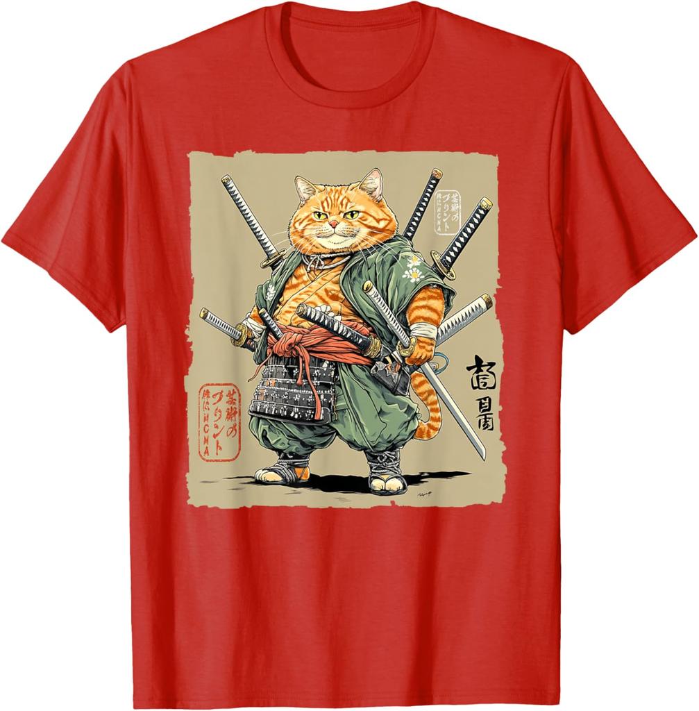 Samurai Cat Warrior Swords Graphic Tee Mens Cotton Casual TShirt