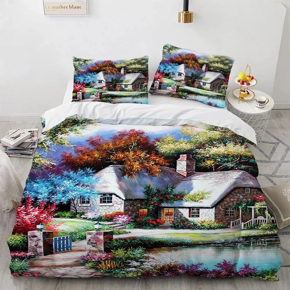 Beautiful Painting House Tree Comfortable Duvet Quilt Cover Pillowcase Bedding Set Children Bedroom Decoration Home Textile