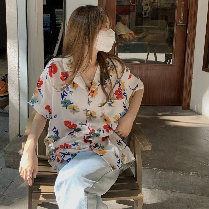 Retro Printed Women's Short Sleeved Shirts Loose Fashionable Versatile Bloues Korean Minimalist Ladies Clothing