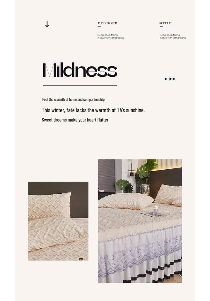 Thickened Taffeta Bed Skirt Set: Korean Style Lace Bedspread & Mattress Cover (3-Piece, Solid Color)