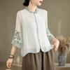 New Cotton Linen Summer Retro Ethnic Embroidery Stand Collar Shirt Women Vintage Button Patchwork Seven-Seventh Sleeve Top Loose Fit